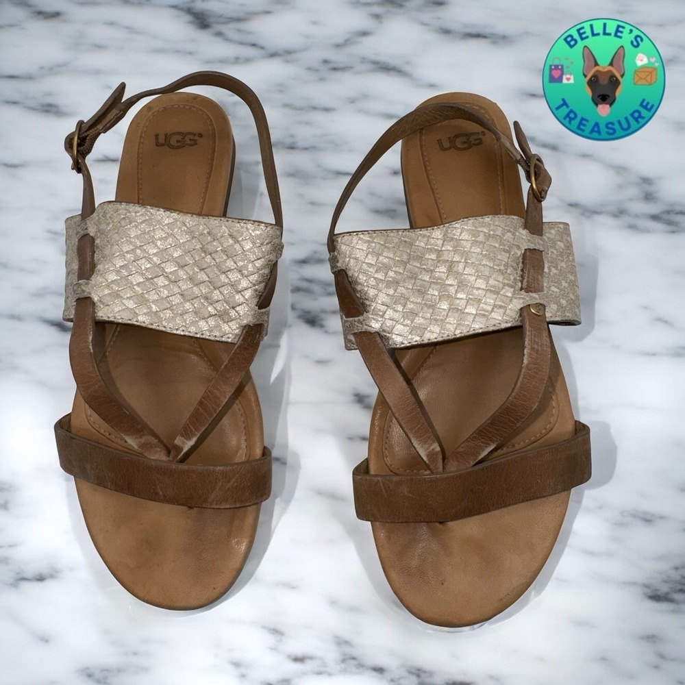 UGG Sandals Women's 8.5 Verona Metallic Basket‎ Weave Shimmer Gold Leather Shoes